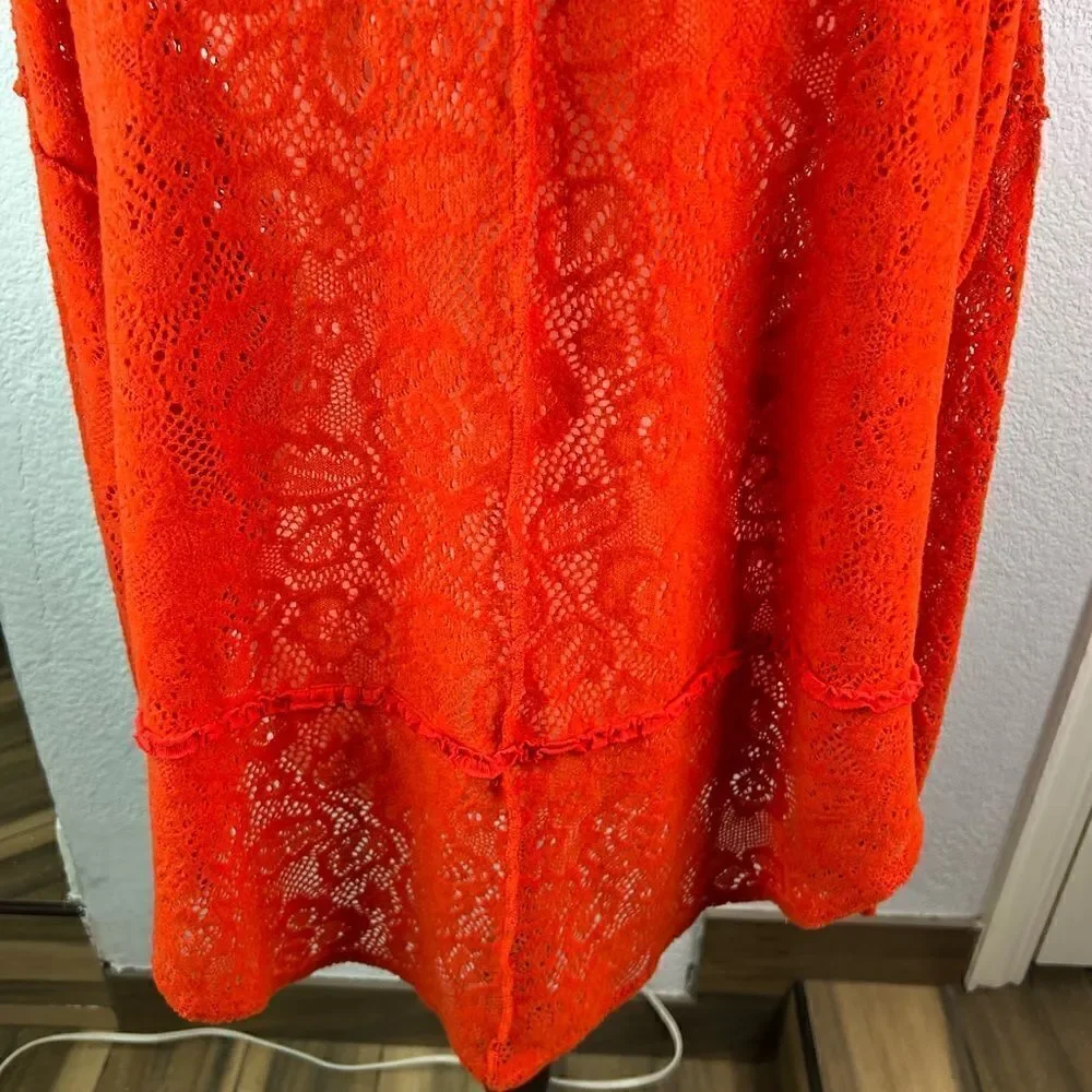 Free People Oversized Orange Long Sleeve Top Semi-Sheer Lacy Size XS Bohemian
